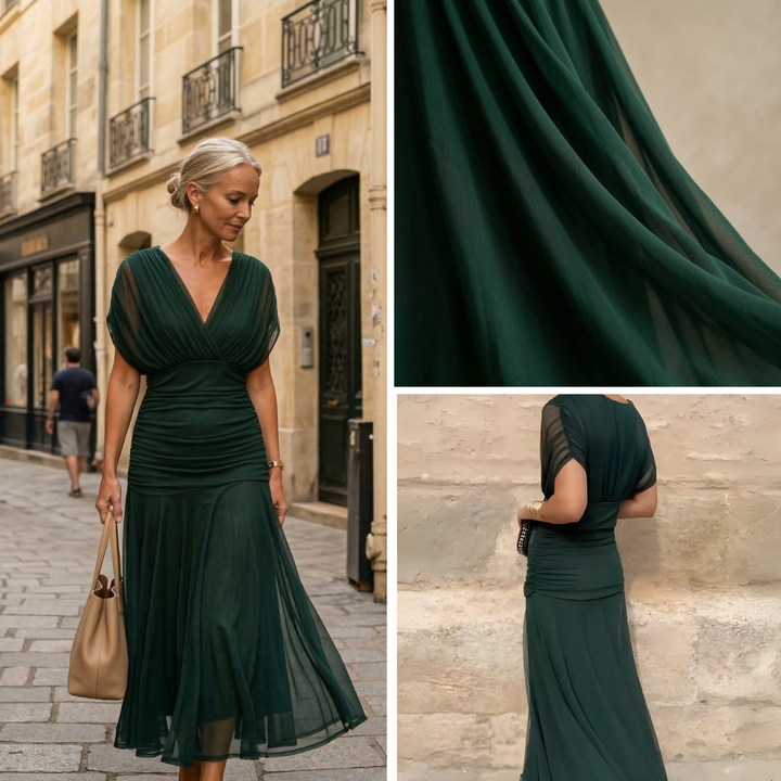 Diane | Abito Maxi Drappeggiato con Collo a V e Maniche Velate