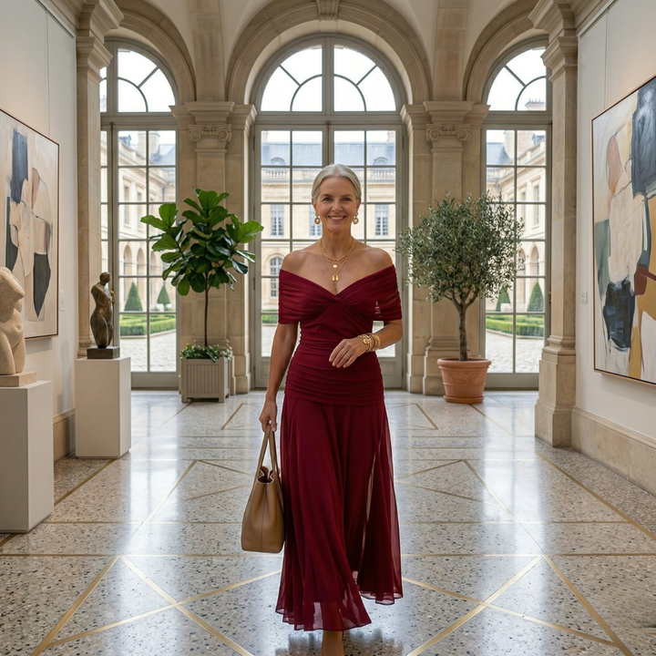 Diane | Abito Maxi Drappeggiato con Collo a V e Maniche Velate