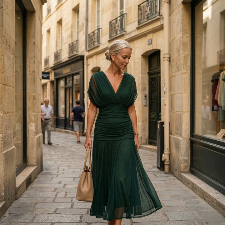 Diane | Abito Maxi Drappeggiato con Collo a V e Maniche Velate