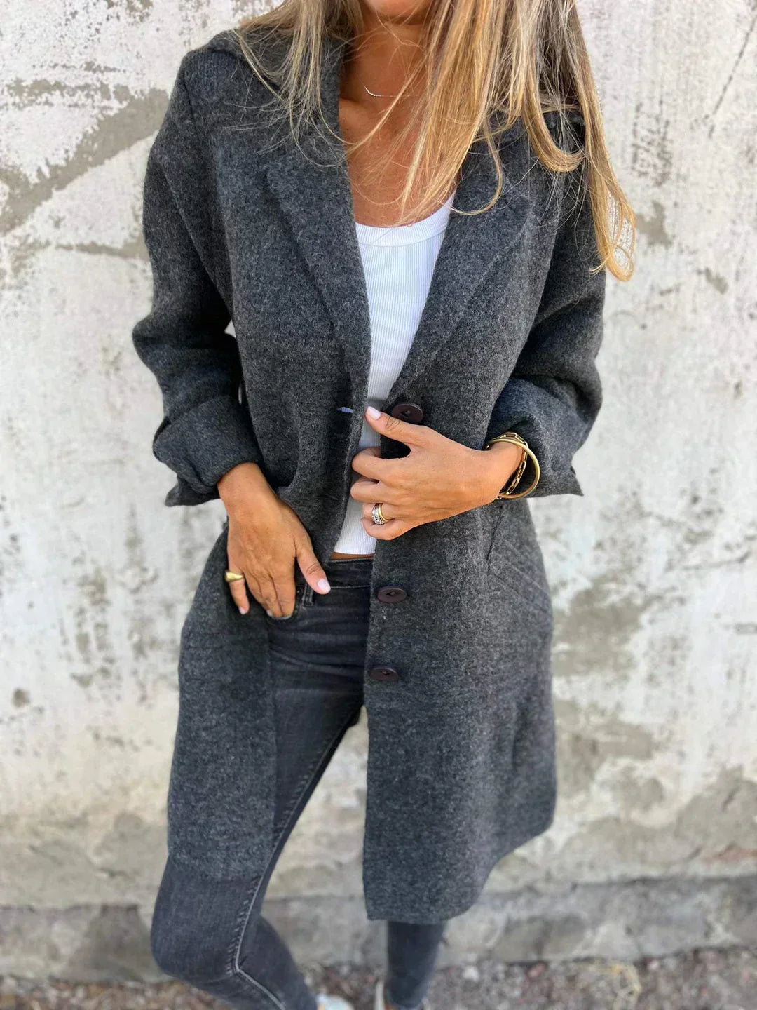Milena – Cappotto Lungo Casual in Lana con Revers e Chiusura Monopetto