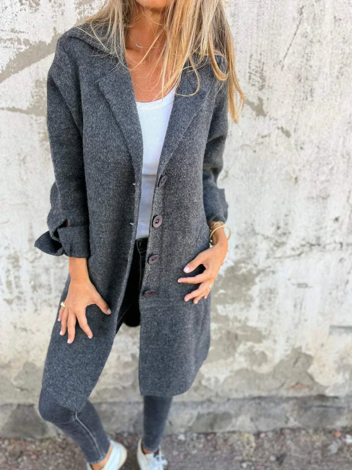 Milena – Cappotto Lungo Casual in Lana con Revers e Chiusura Monopetto
