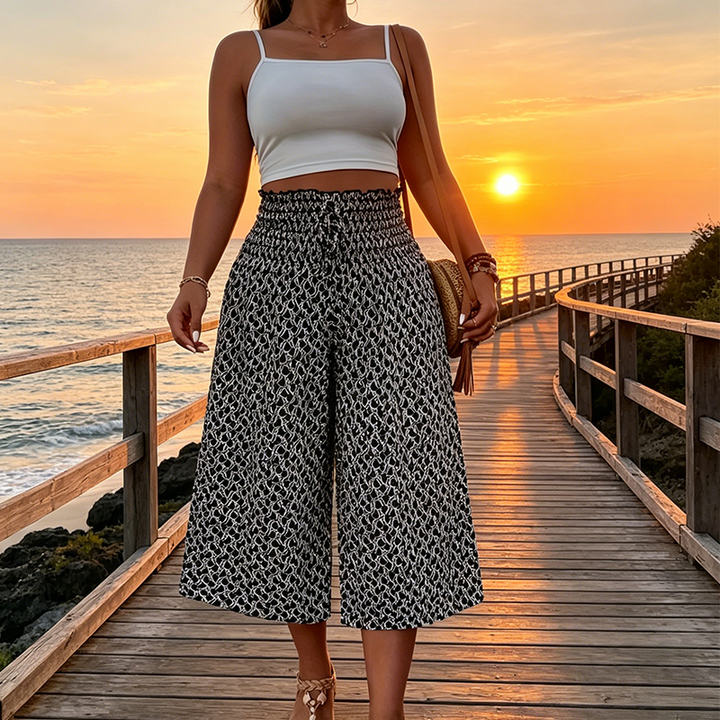 Pantaloni Capri per donne con cintura elastica, vita alta e gambe larghe