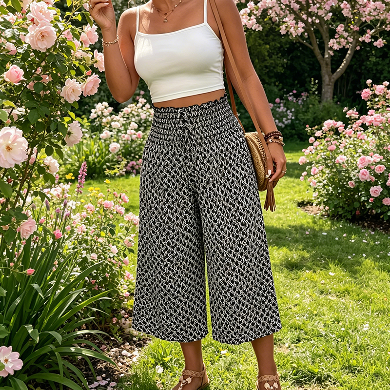 Pantaloni Capri per donne con cintura elastica, vita alta e gambe larghe
