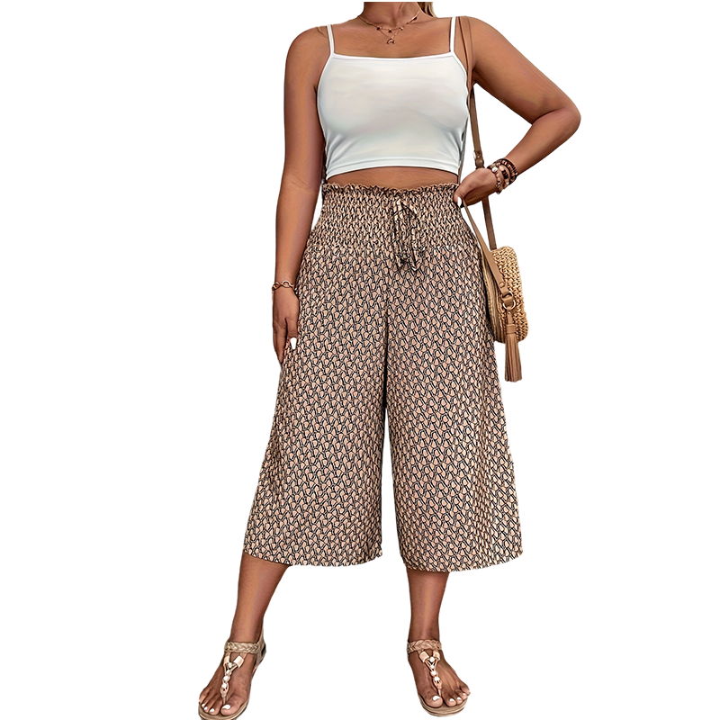 Pantaloni Capri per donne con cintura elastica, vita alta e gambe larghe