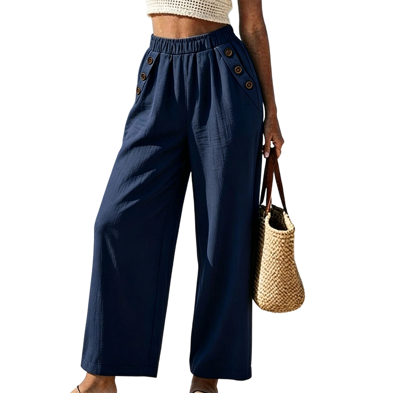 Pantaloni donna a gamba larga con dettagli di bottoni